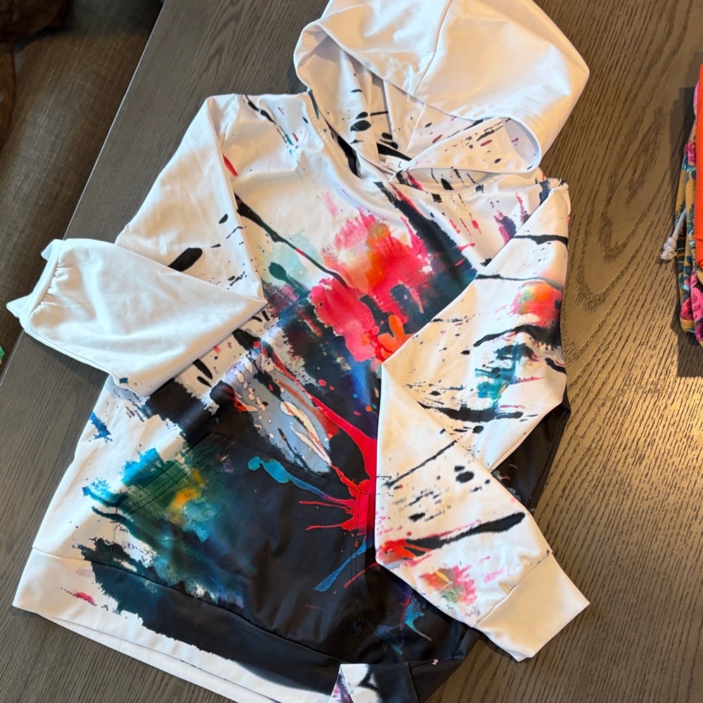 White Paint-Splash Hoodie with Multicolor Ink Splotches